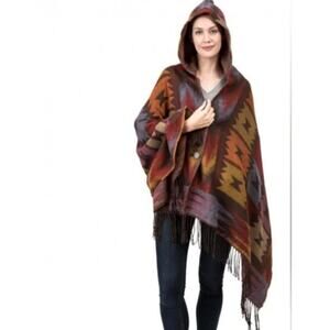 Euty Women’s Oversized Patterned Poncho w/ Hoodie Sweater‎ One Size Red Orange